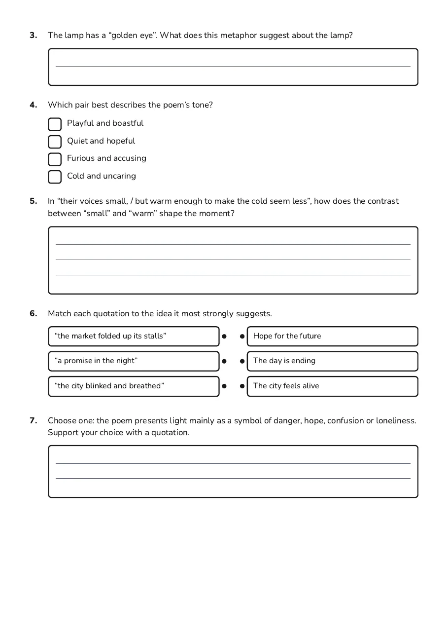 Bright Lights Language Analysis, page 2 of 3: 3. The lamp has a “golden eye”. What does this metaphor suggest about the lamp?