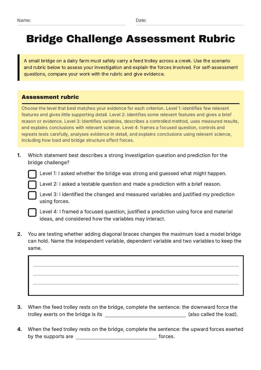 Bridge Challenge Assessment Rubric, page 1 of 3: Assessment rubric