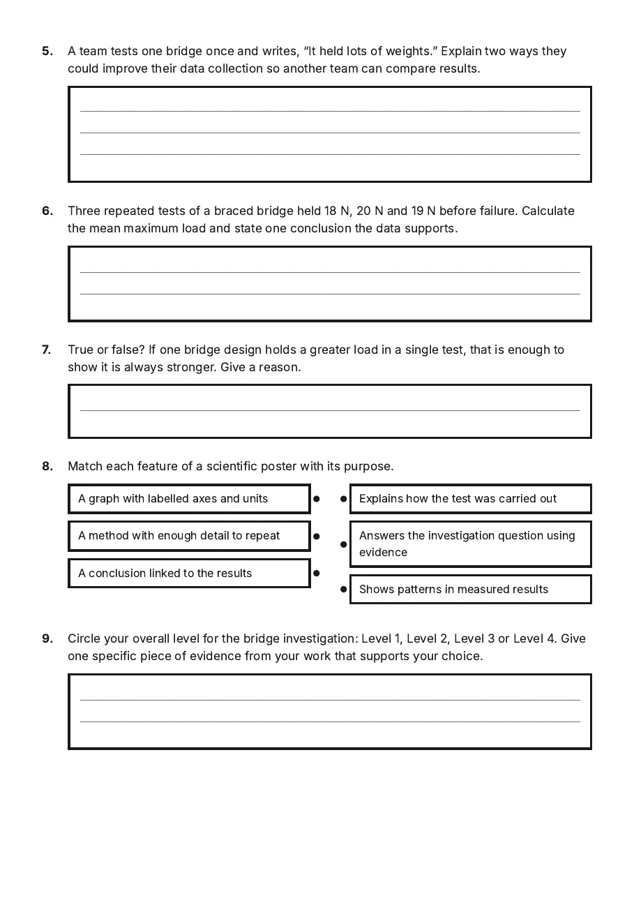 Bridge Challenge Assessment Rubric, page 2 of 3: 5. A team tests one bridge once and writes, “It held lots of weights.” Explain two ways…