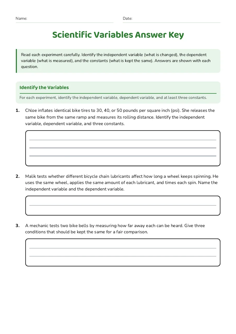 Scientific Variables Answer Key, page 1 of 3: Identify the Variables