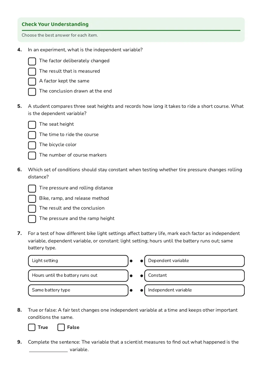 Scientific Variables Answer Key, page 2 of 3: Check Your Understanding