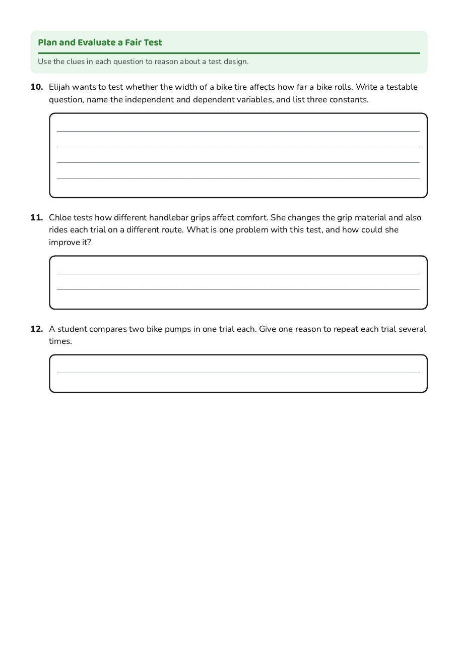 Scientific Variables Answer Key, page 3 of 3: Plan and Evaluate a Fair Test