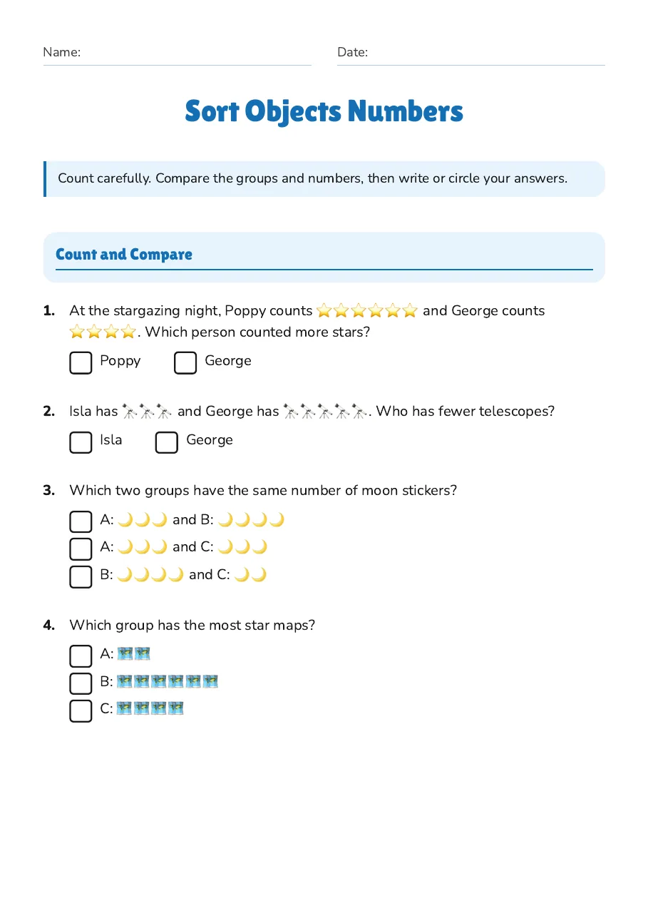 Sort Objects Numbers, page 1 of 3: Count and Compare
