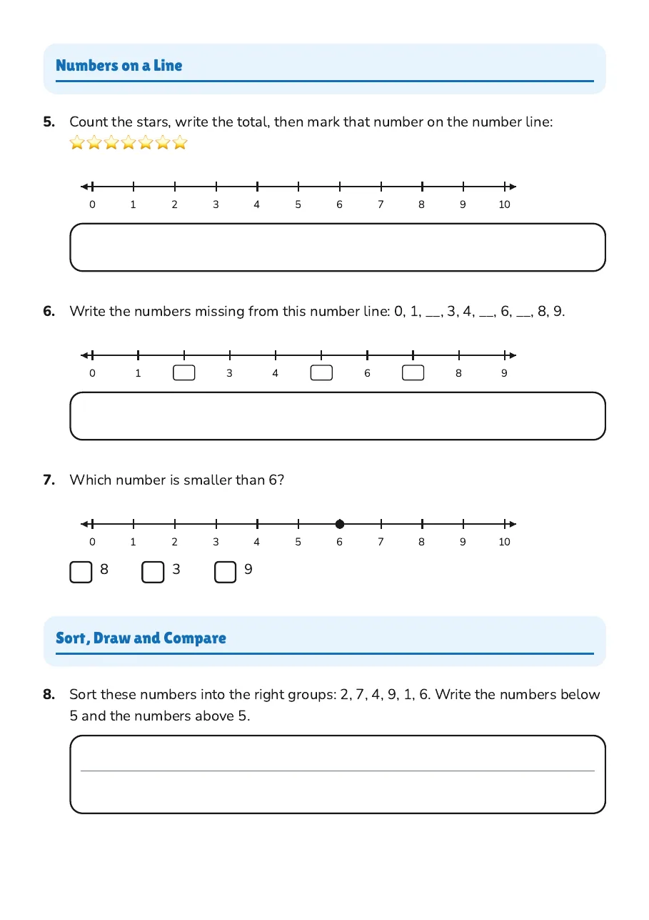 Sort Objects Numbers, page 2 of 3: Numbers on a Line, Sort, Draw and Compare