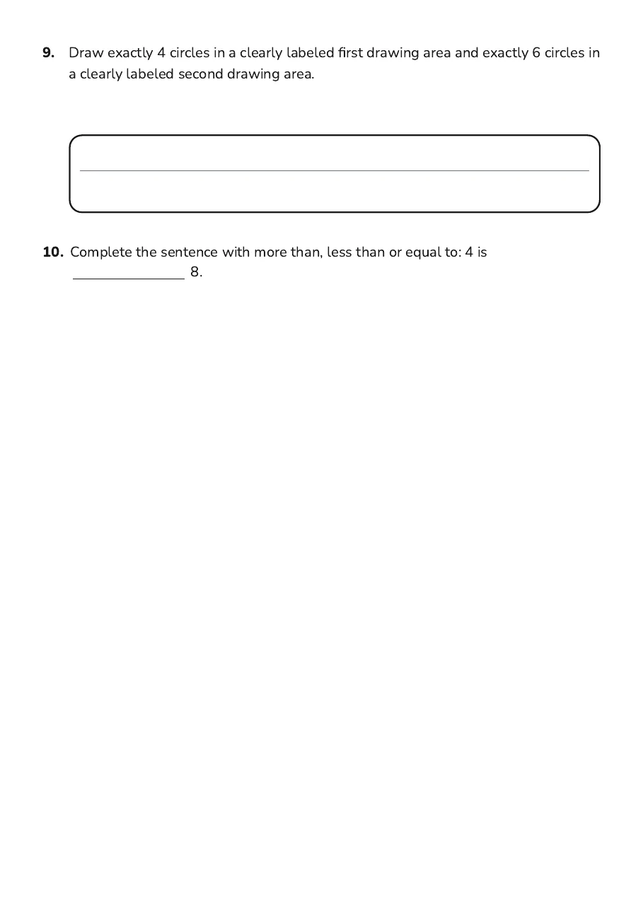 Sort Objects Numbers, page 3 of 3: 9. Draw exactly 4 circles in a clearly labeled first drawing area and exactly 6 circles in