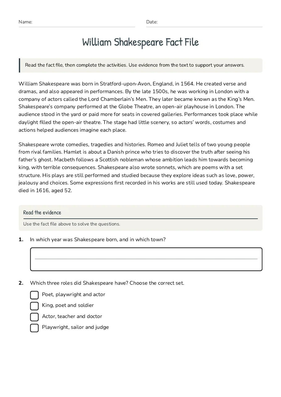 William Shakespeare Fact File, page 1 of 3: Read the evidence