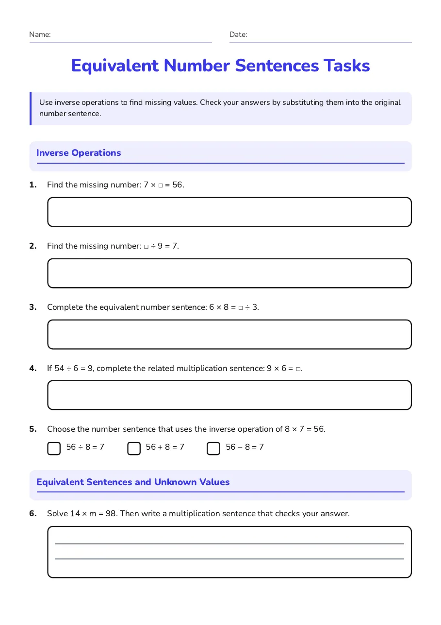 Equivalent Number Sentences Tasks, page 1 of 2: Inverse Operations, Equivalent Sentences and Unknown Values