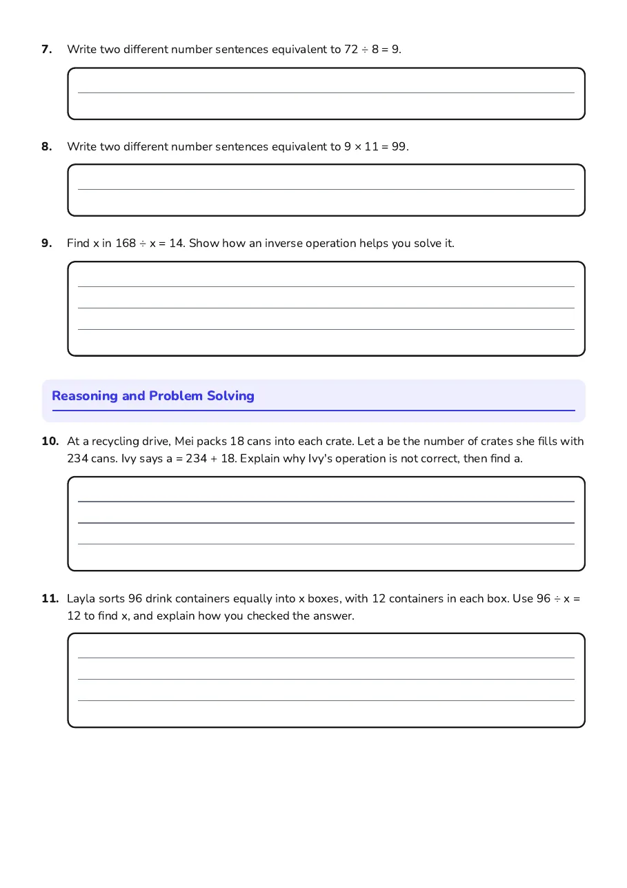 Equivalent Number Sentences Tasks, page 2 of 2: Reasoning and Problem Solving
