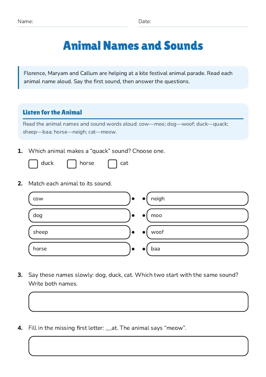 Animal Names and Sounds, page 1 of 2: Listen for the Animal