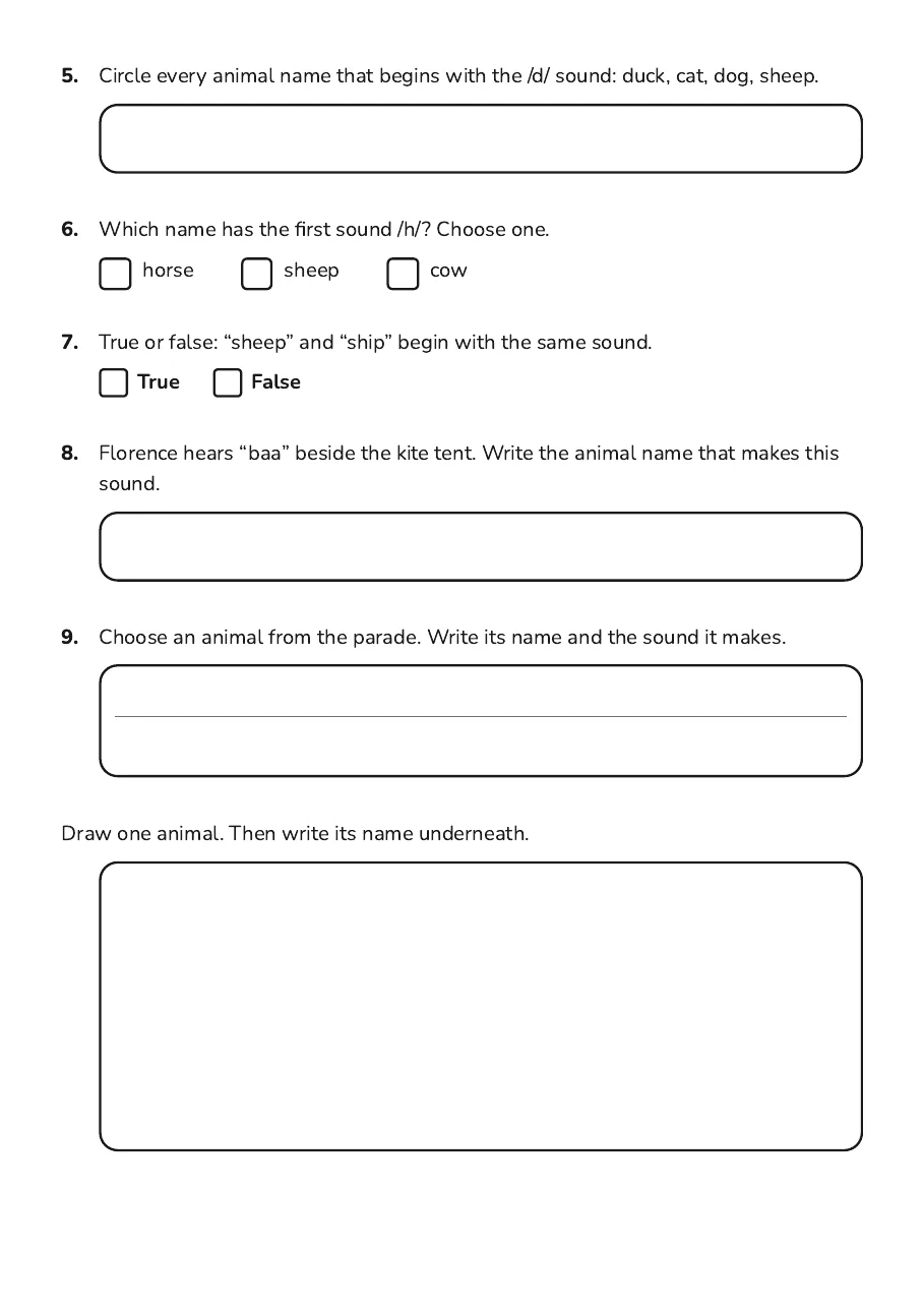 Animal Names and Sounds, page 2 of 2: 5. Circle every animal name that begins with the /d/ sound: duck, cat, dog, sheep.