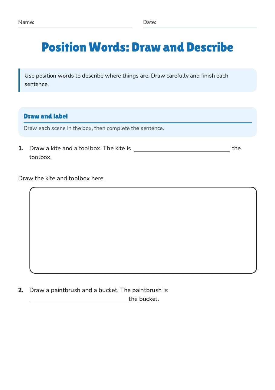 Position Words: Draw and Describe, page 1 of 4: Draw and label