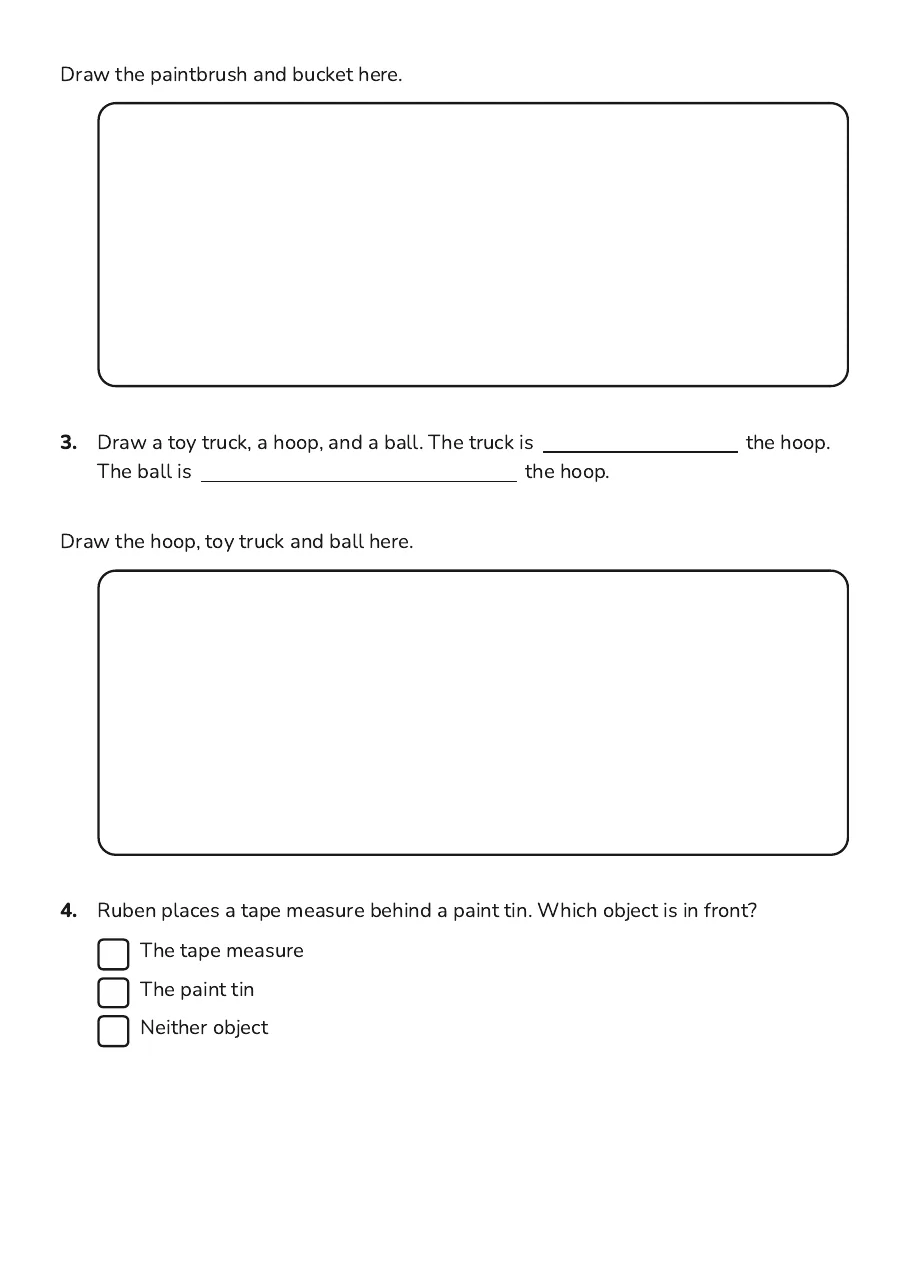 Position Words: Draw and Describe, page 2 of 4: Draw the paintbrush and bucket here.