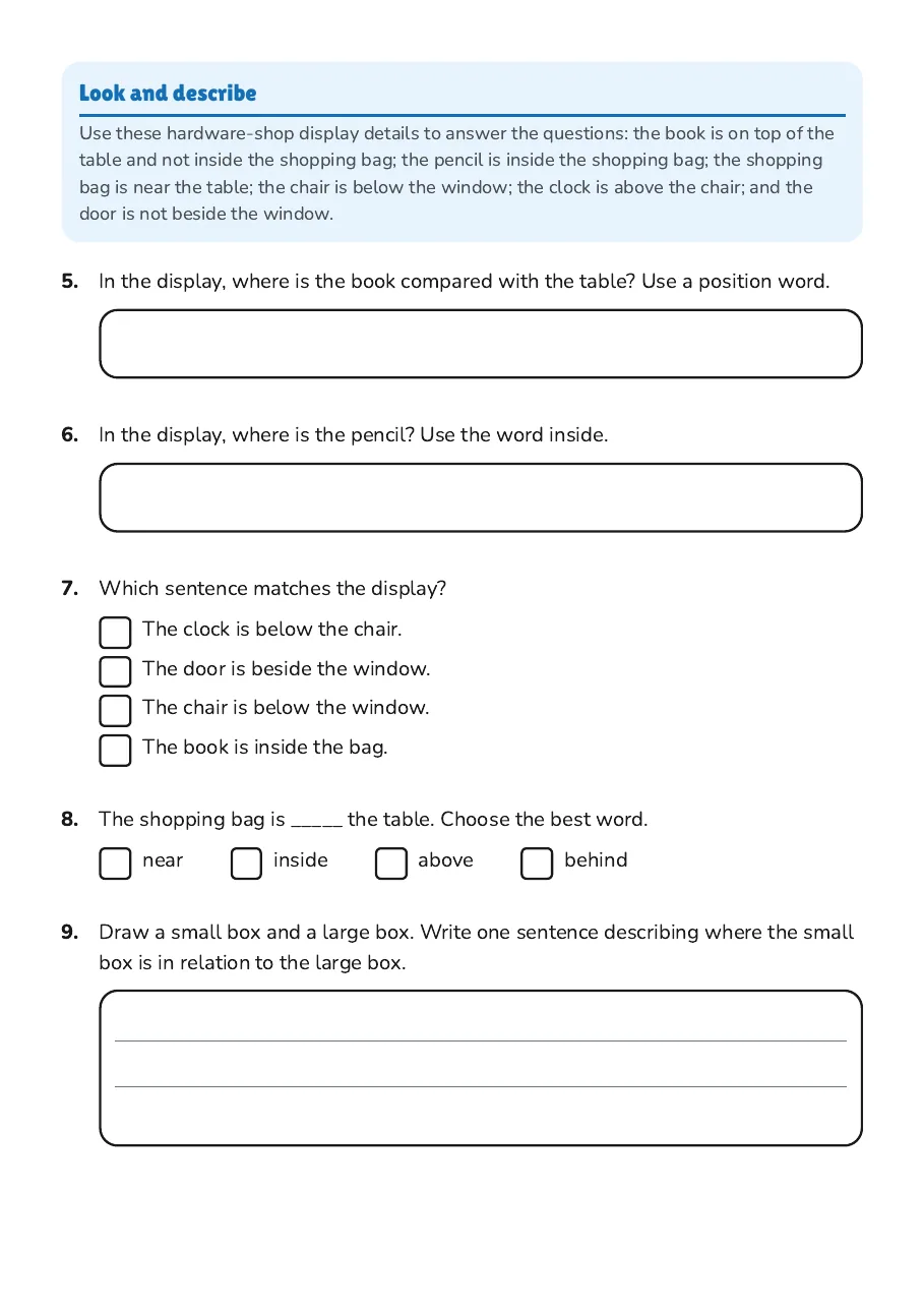 Position Words: Draw and Describe, page 3 of 4: Look and describe