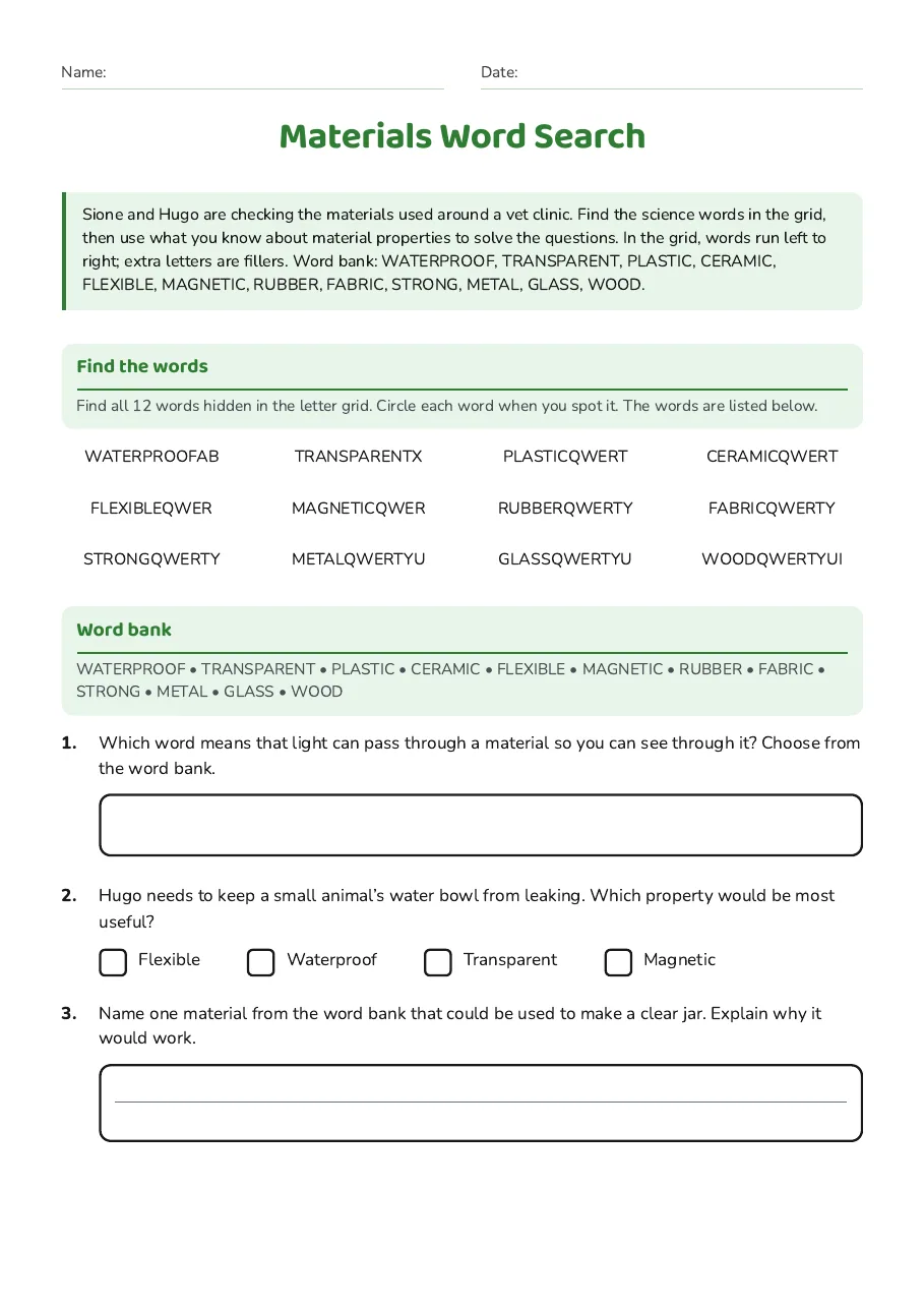 Materials Word Search, page 1 of 2: Find the words, Word bank