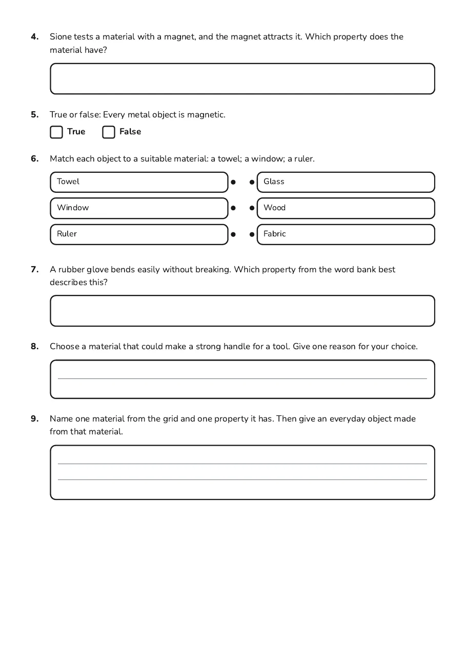 Materials Word Search, page 2 of 2: 4. Sione tests a material with a magnet, and the magnet attracts it. Which property does…