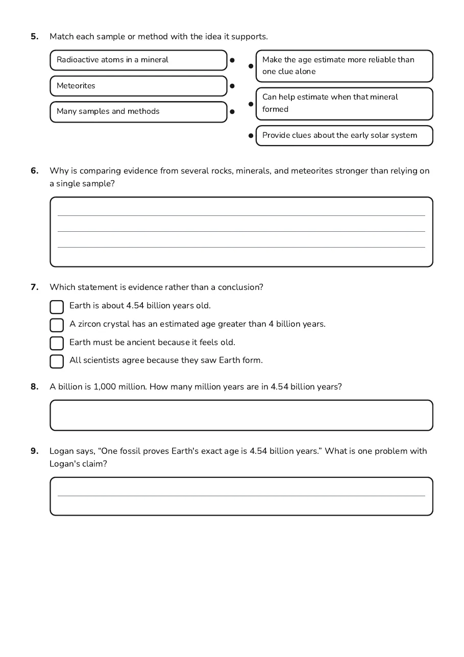 Earth's Age Evidence, page 2 of 3: 5. Match each sample or method with the idea it supports.