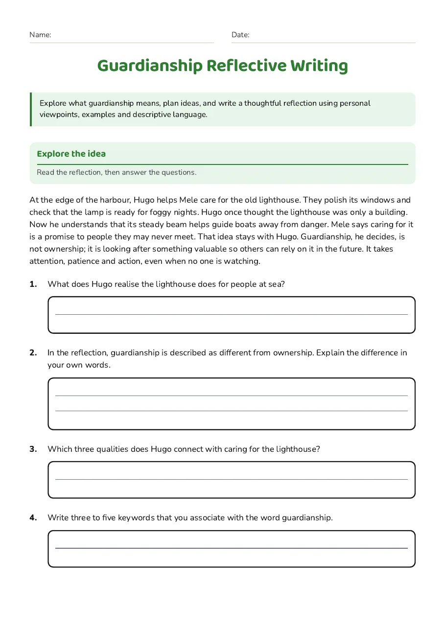 Guardianship Reflective Writing, page 1 of 4: Explore the idea