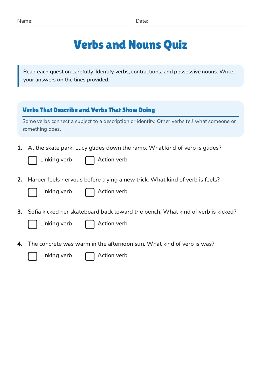 Verbs and Nouns Quiz, page 1 of 3: Verbs That Describe and Verbs That Show Doing