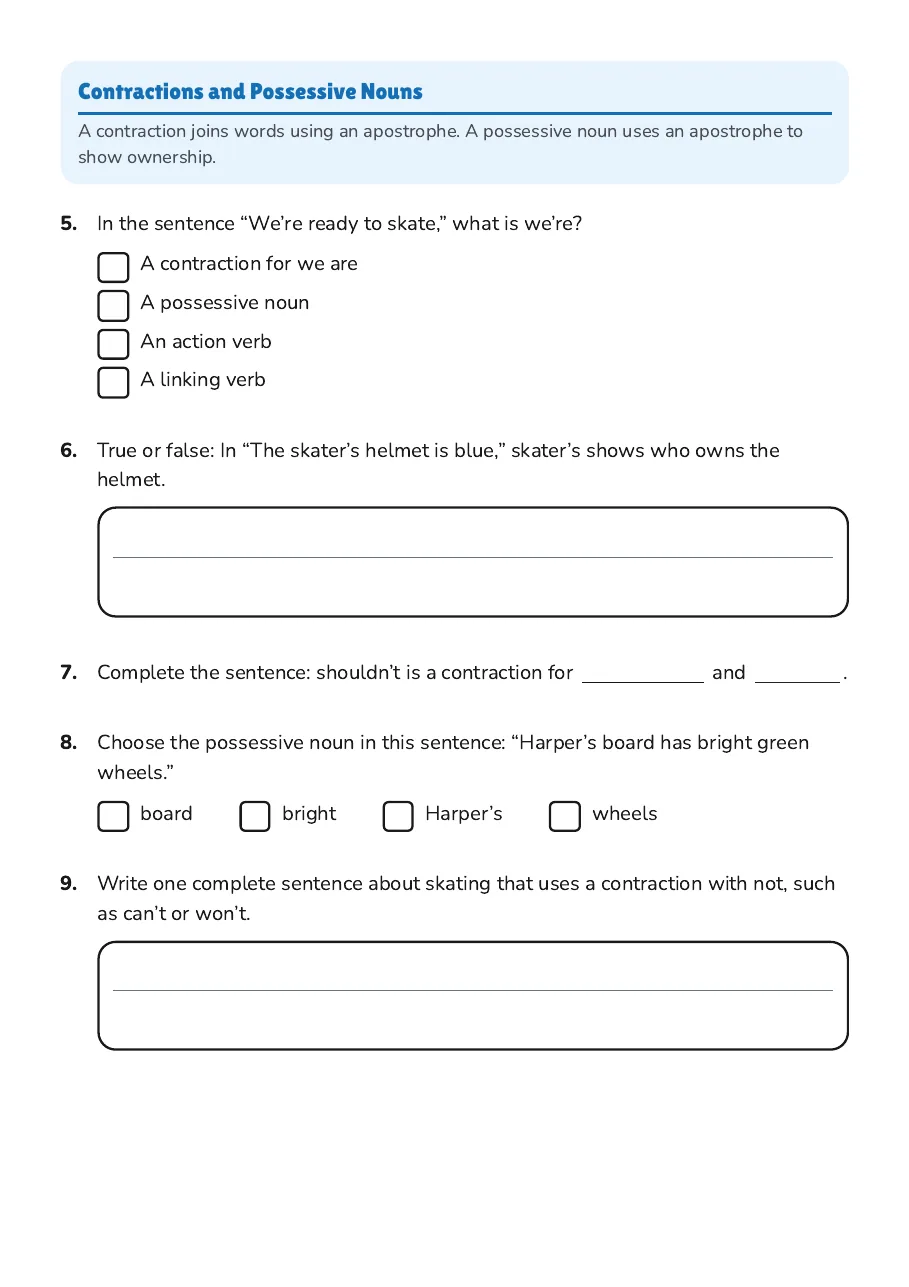 Verbs and Nouns Quiz, page 2 of 3: Contractions and Possessive Nouns