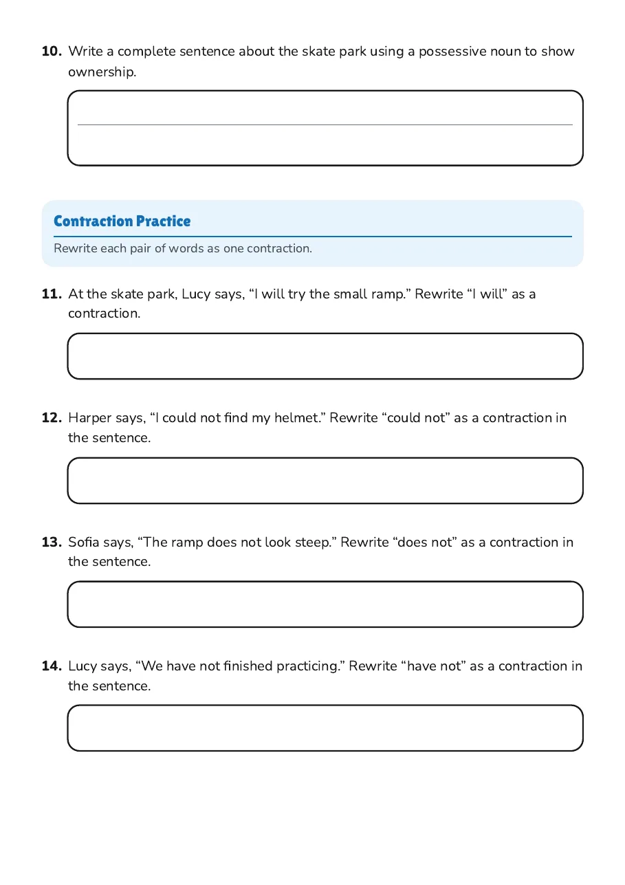 Verbs and Nouns Quiz, page 3 of 3: Contraction Practice