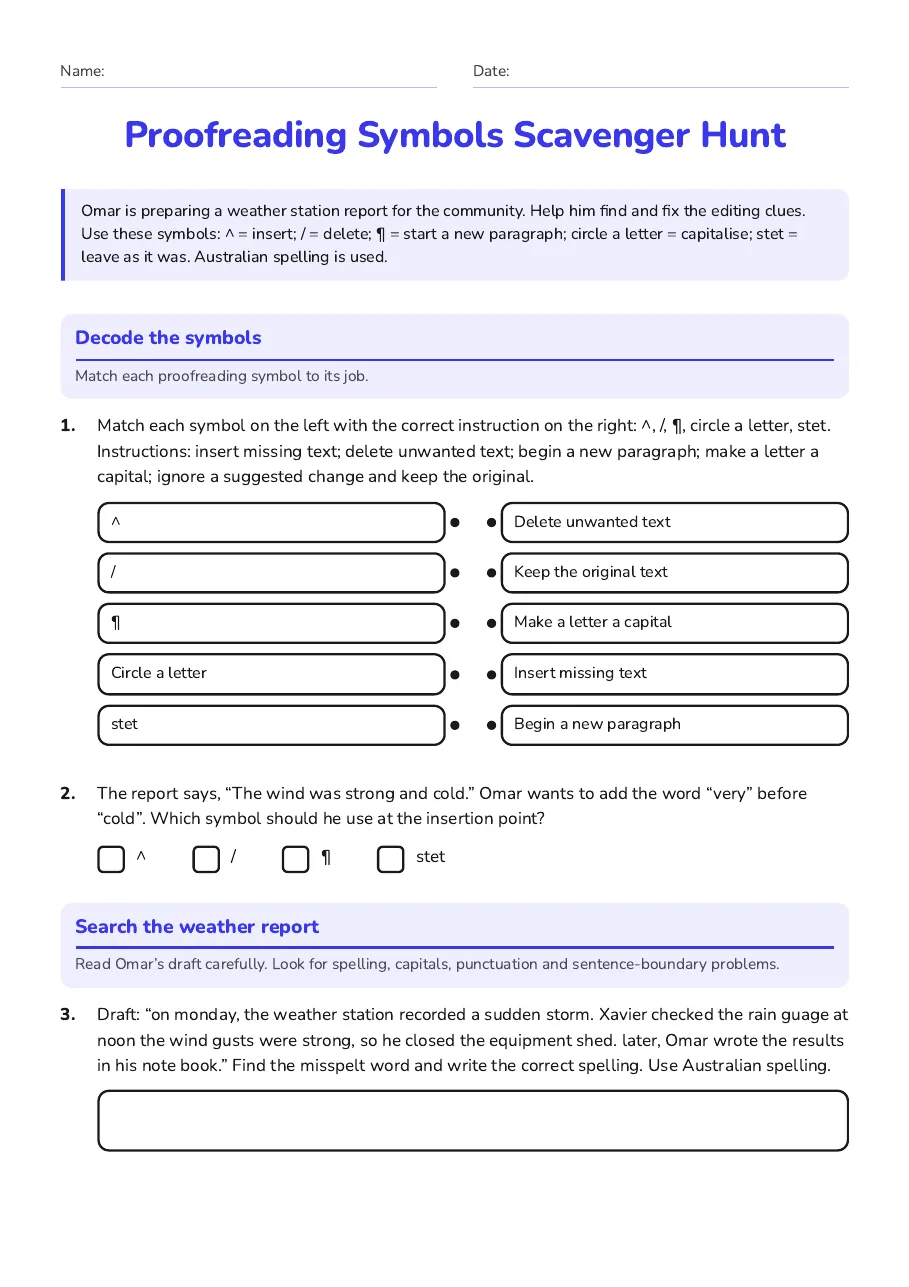 Proofreading Symbols Scavenger Hunt, page 1 of 3: Decode the symbols, Search the weather report