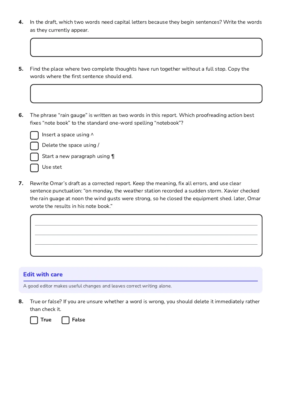 Proofreading Symbols Scavenger Hunt, page 2 of 3: Edit with care