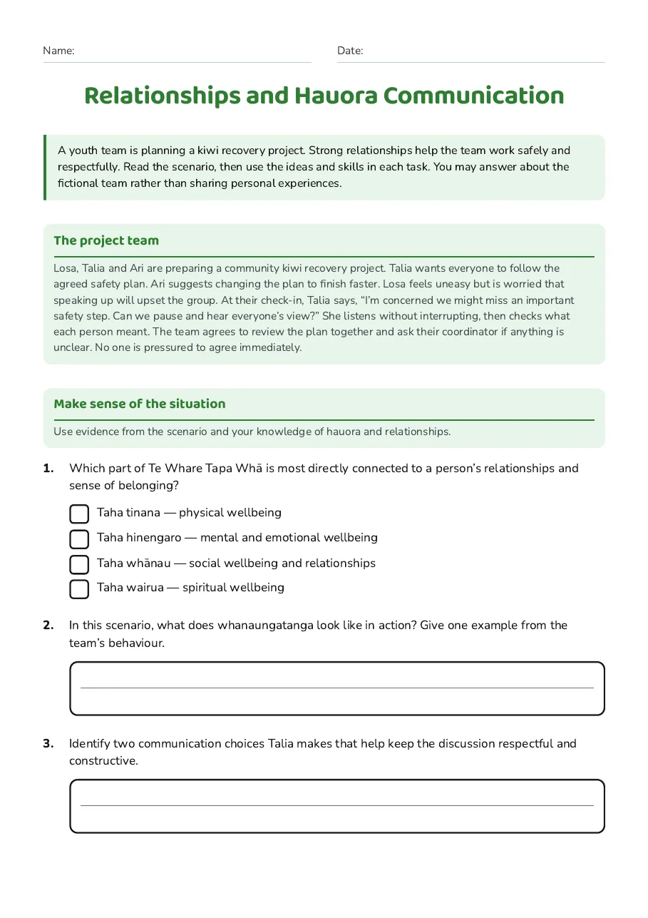 Relationships and Hauora Communication, page 1 of 3: The project team, Make sense of the situation