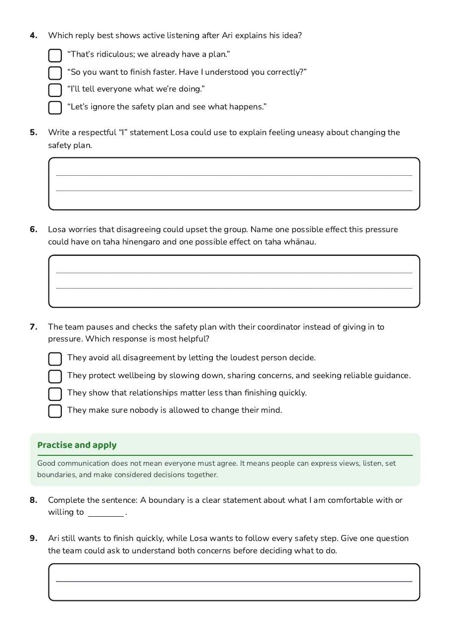 Relationships and Hauora Communication, page 2 of 3: Practise and apply