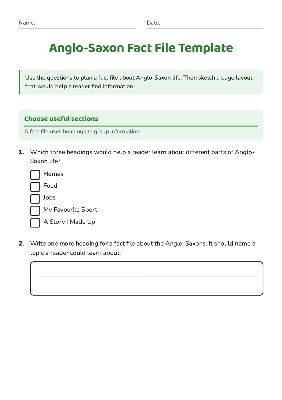 Anglo-Saxon Fact File Template, page 1 of 4: Choose useful sections