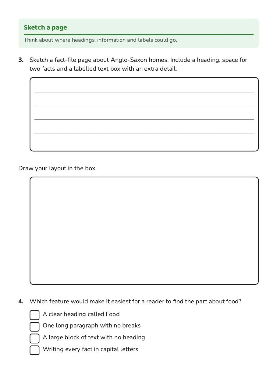 Anglo-Saxon Fact File Template, page 2 of 4: Sketch a page