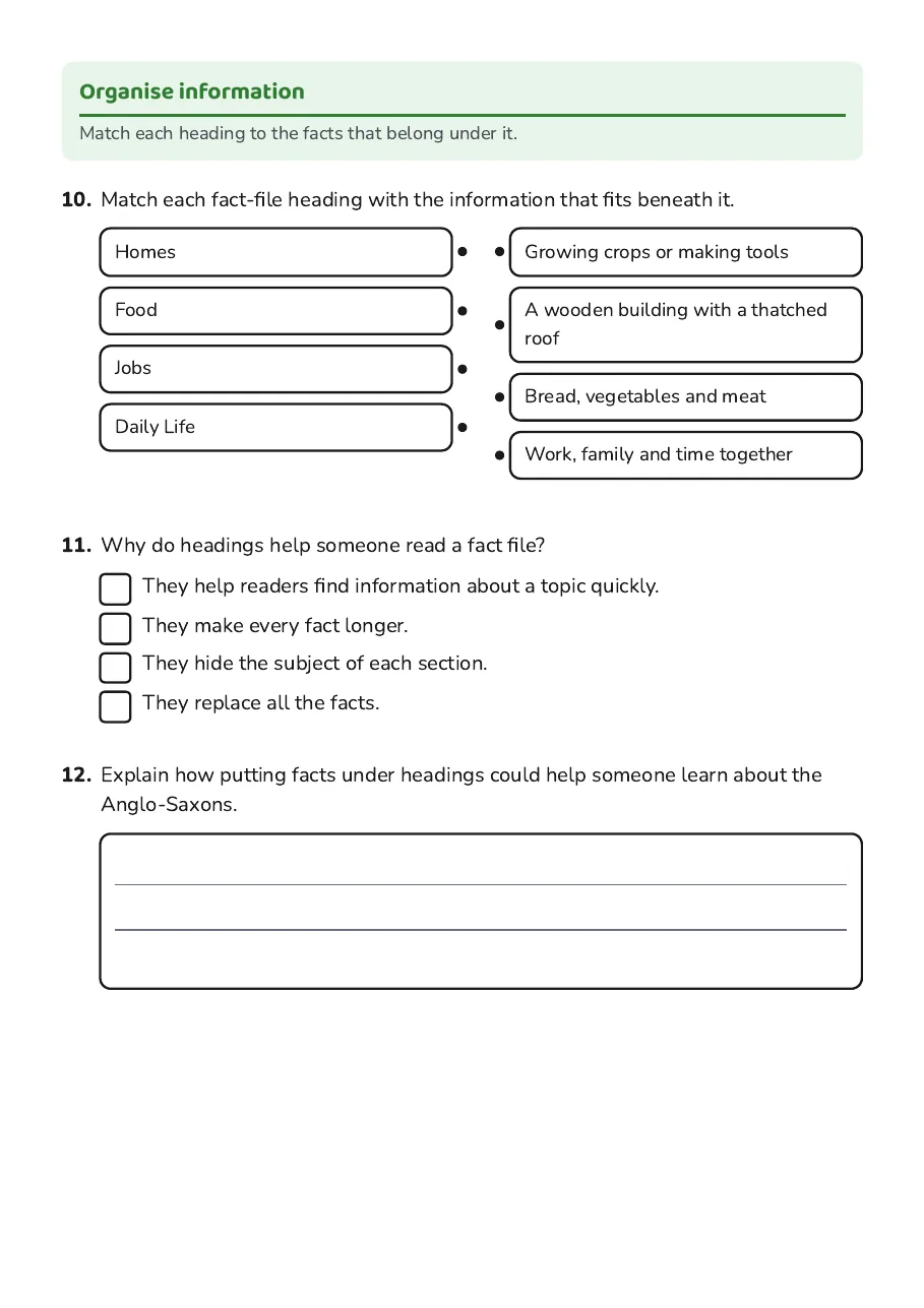 Anglo-Saxon Fact File Template, page 4 of 4: Organise information