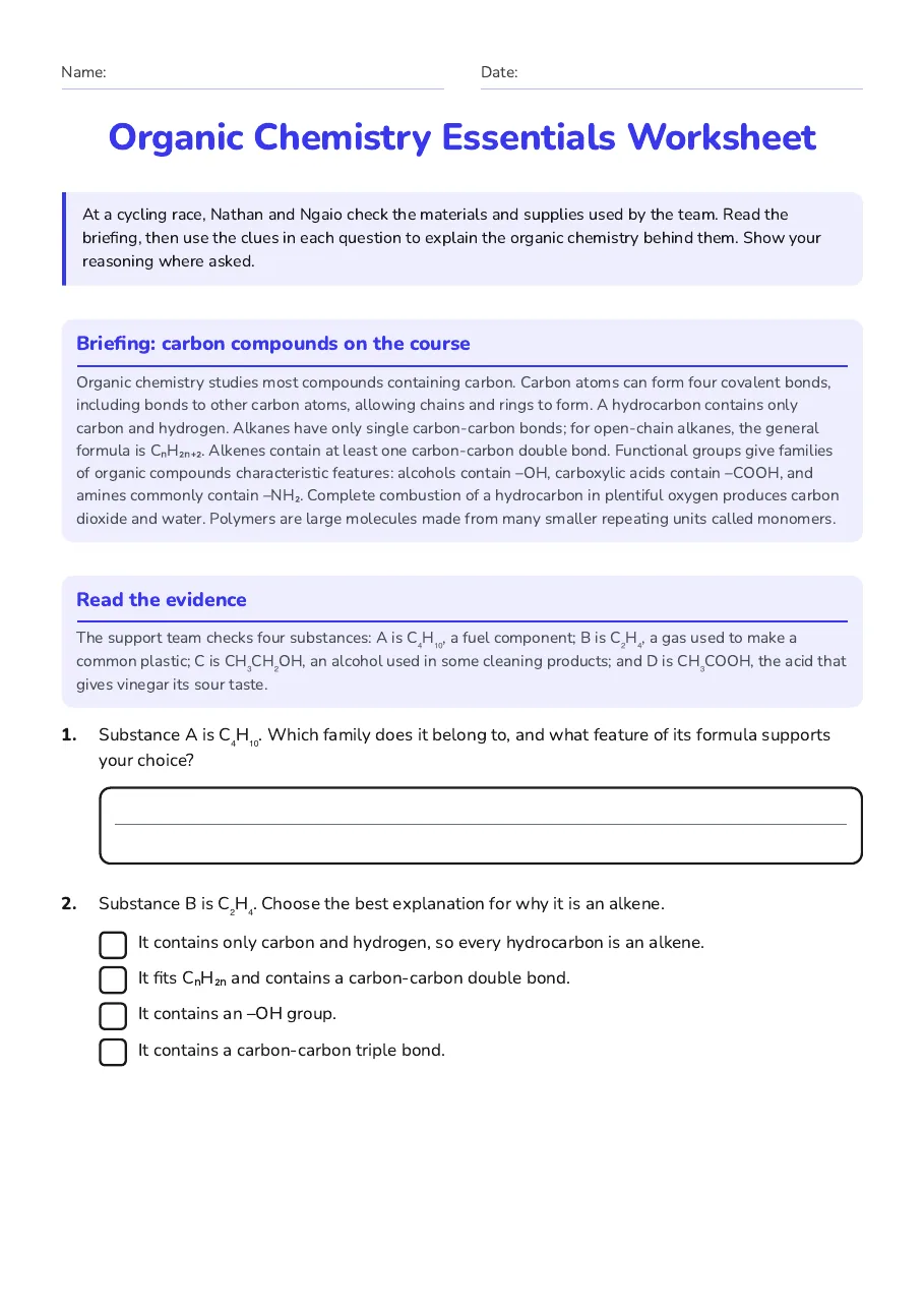 Organic Chemistry Essentials Worksheet, page 1 of 3: Briefing: carbon compounds on the course, Read the evidence