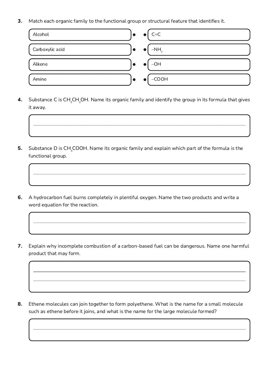 Organic Chemistry Essentials Worksheet, page 2 of 3: 3. Match each organic family to the functional group or structural feature that…