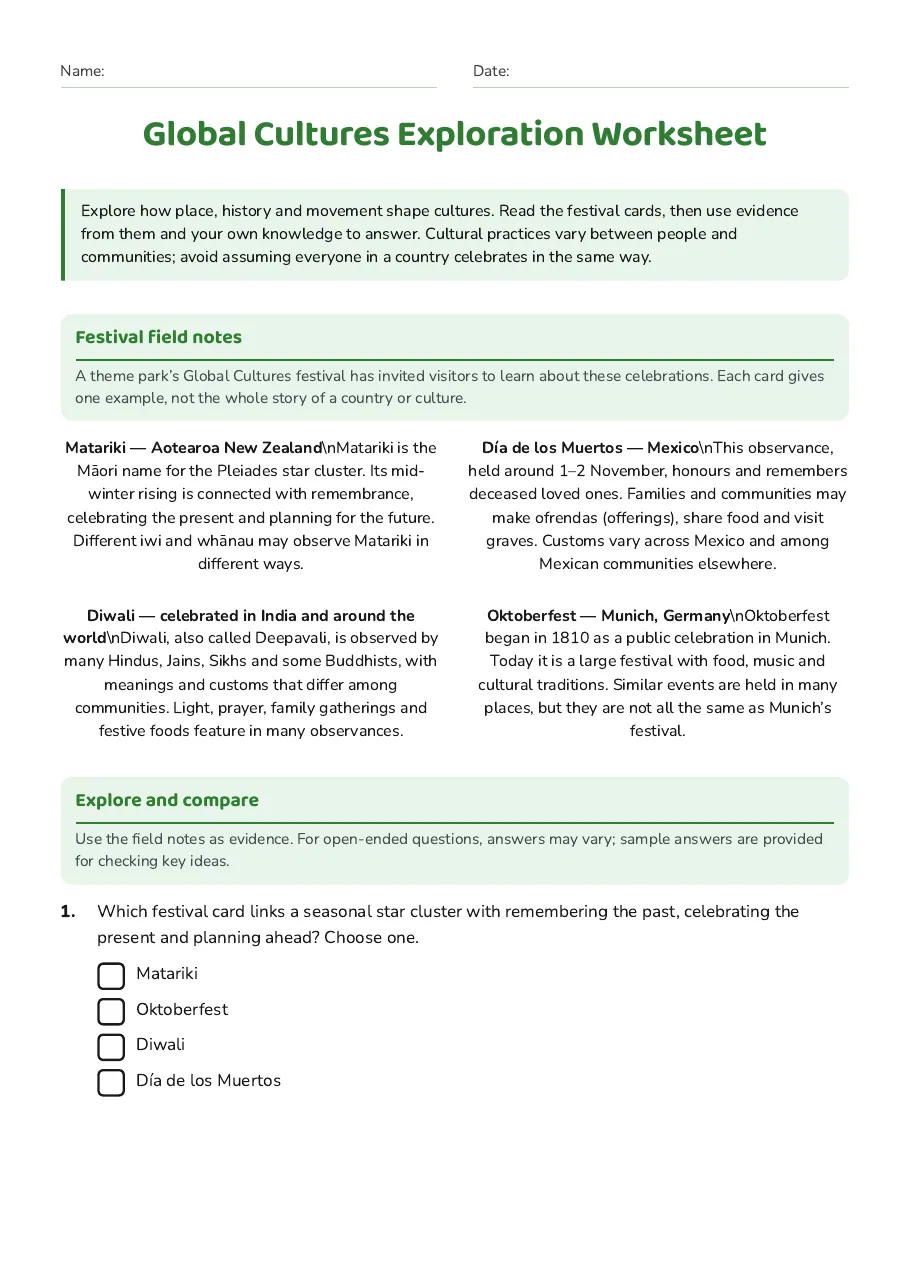 Global Cultures Exploration Worksheet, page 1 of 3: Festival field notes, Explore and compare