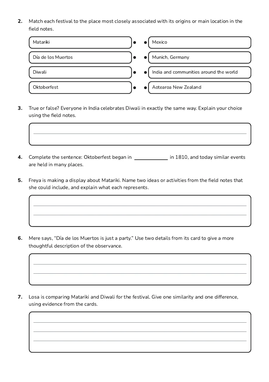 Global Cultures Exploration Worksheet, page 2 of 3: 2. Match each festival to the place most closely associated with its origins or main…