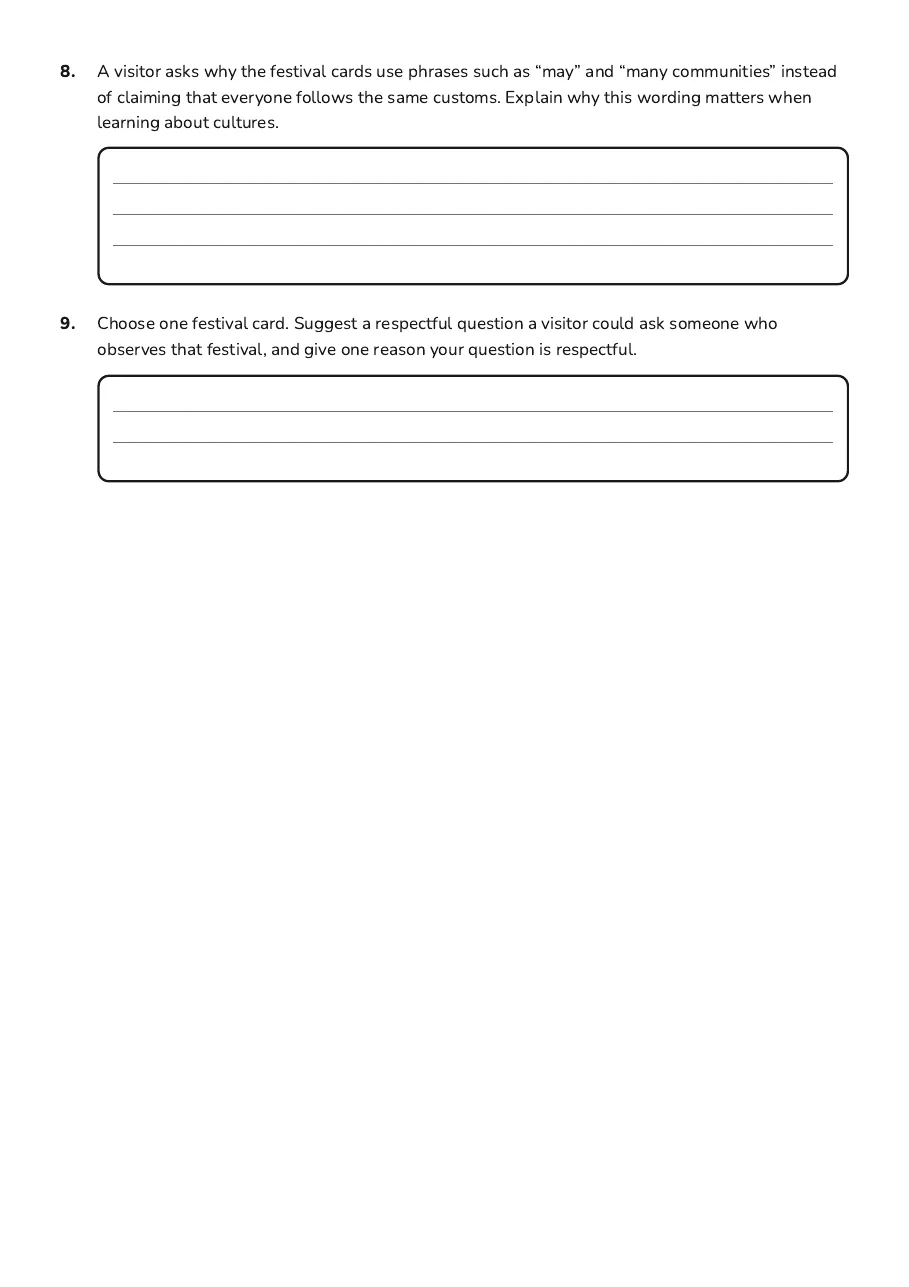 Global Cultures Exploration Worksheet, page 3 of 3: 8. A visitor asks why the festival cards use phrases such as “may” and “many communities”…