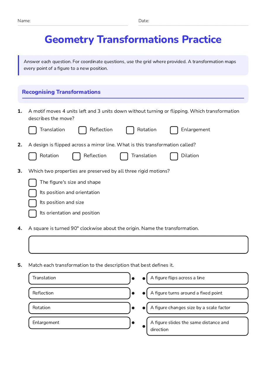 Geometry Transformations Practice, page 1 of 3: Recognising Transformations