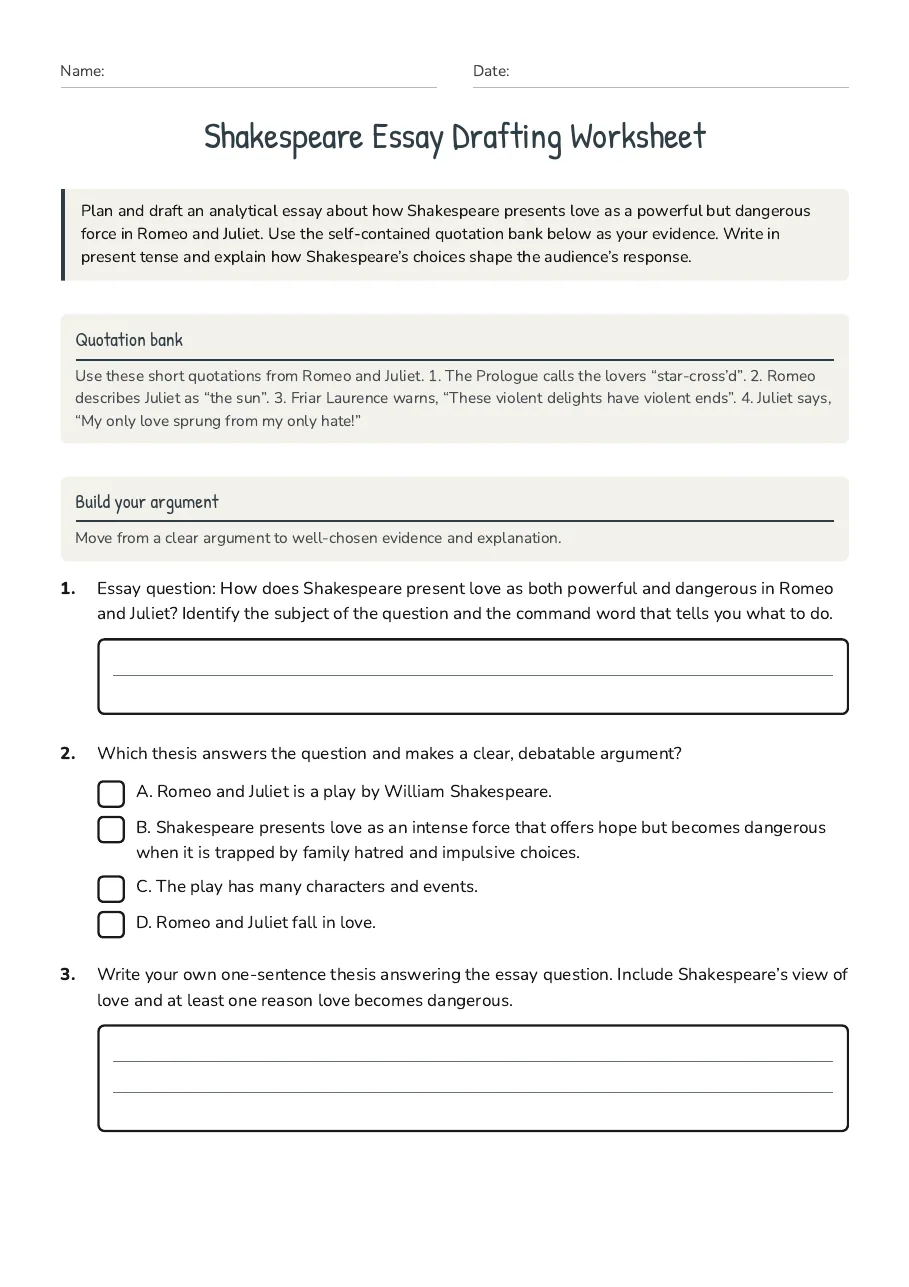Shakespeare Essay Drafting Worksheet, page 1 of 3: Quotation bank, Build your argument
