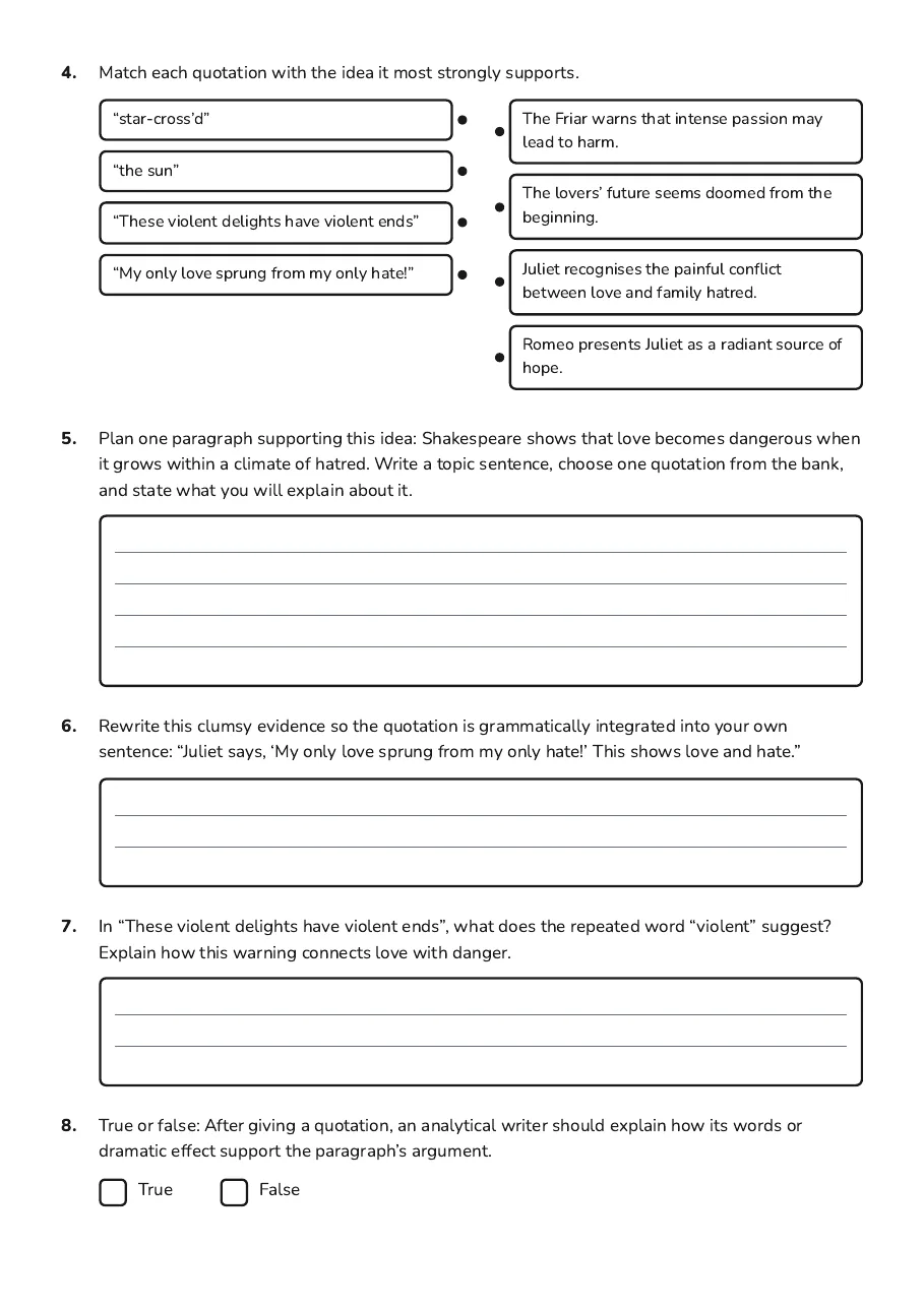 Shakespeare Essay Drafting Worksheet, page 2 of 3: 4. Match each quotation with the idea it most strongly supports.