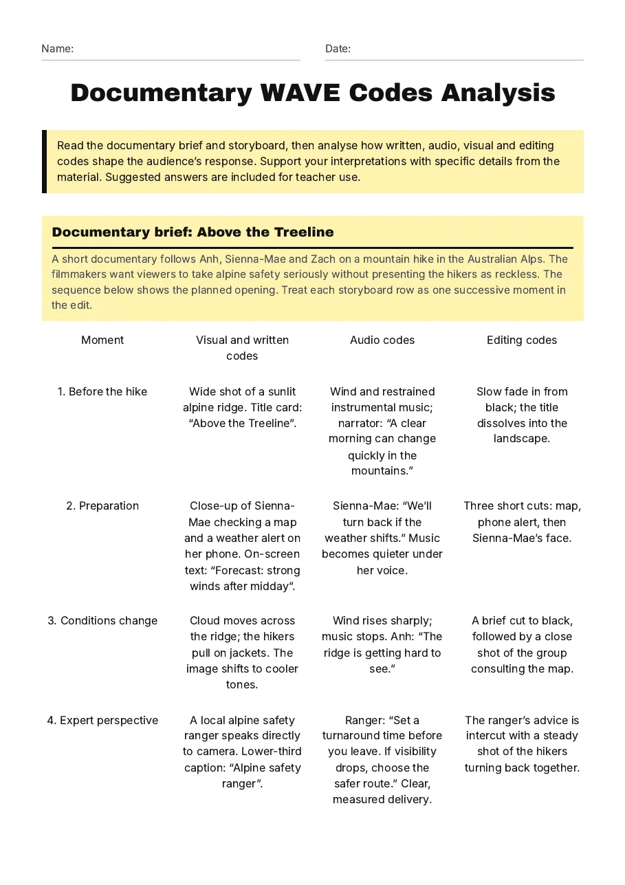 Documentary WAVE Codes Analysis, page 1 of 3: Documentary brief: Above the Treeline