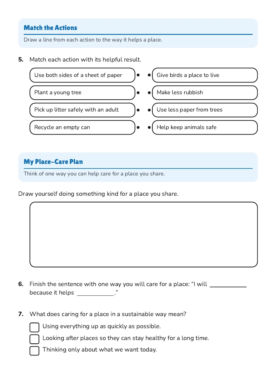 Caring for Our Places, page 2 of 2: Match the Actions, My Place-Care Plan
