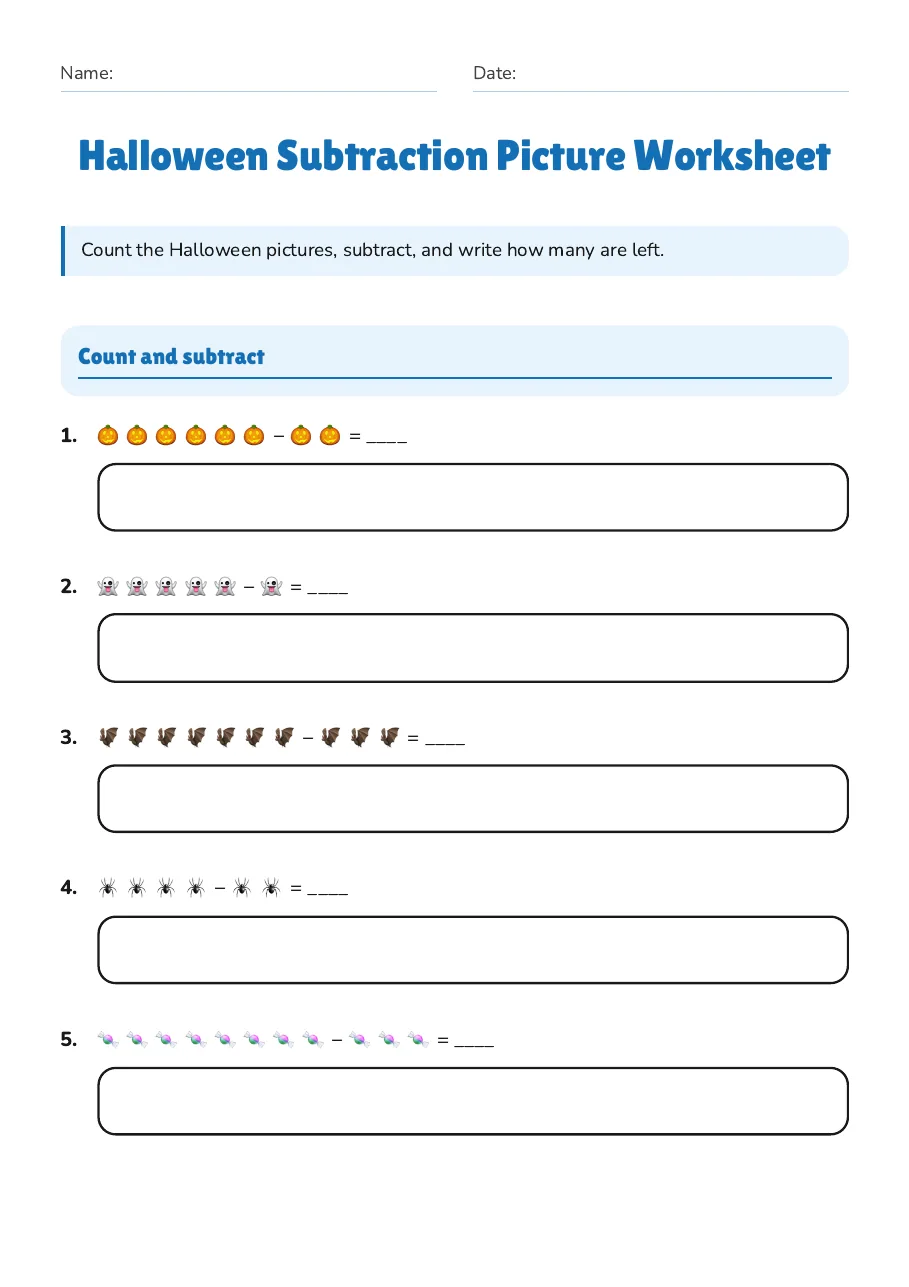 Halloween Subtraction Picture Worksheet, page 1 of 3: Count and subtract