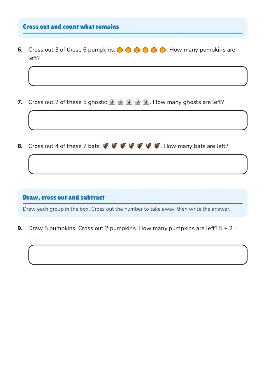 Halloween Subtraction Picture Worksheet, page 2 of 3: Cross out and count what remains, Draw, cross out and subtract