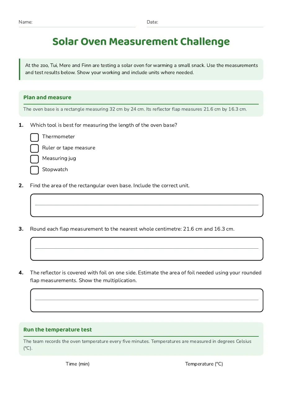 Solar Oven Measurement Challenge, page 1 of 2: Plan and measure, Run the temperature test