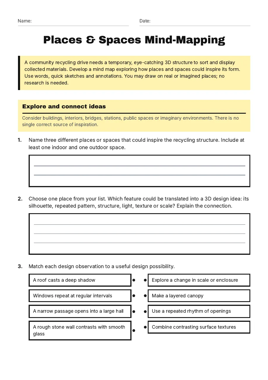 Places & Spaces Mind-Mapping, page 1 of 3: Explore and connect ideas