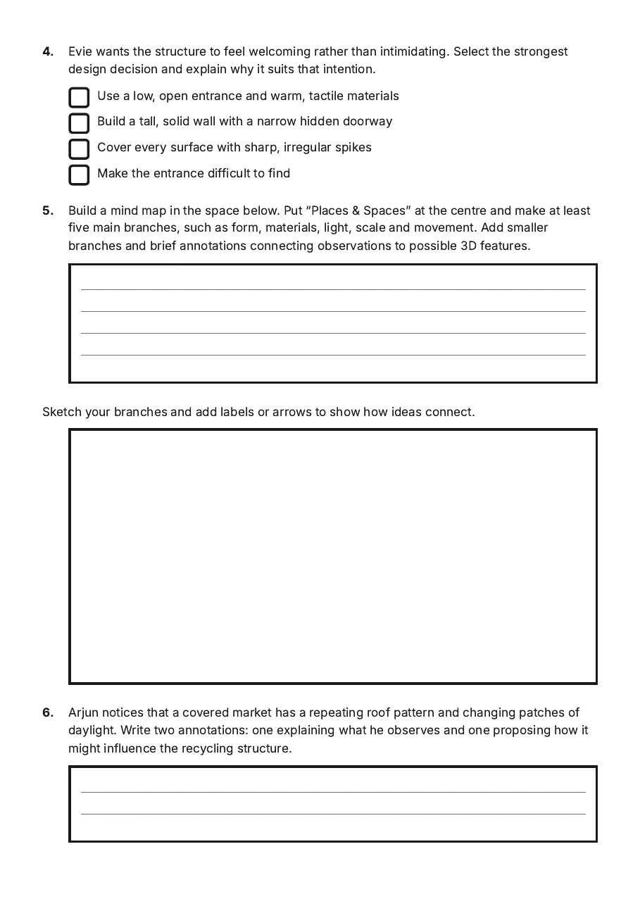 Places & Spaces Mind-Mapping, page 2 of 3: 4. Evie wants the structure to feel welcoming rather than intimidating. Select the…