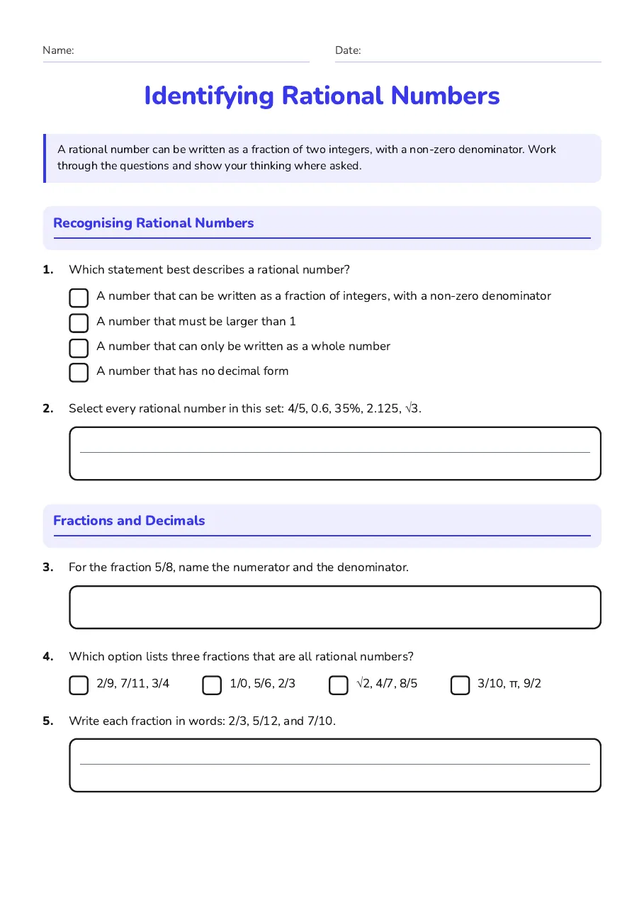 Identifying Rational Numbers, page 1 of 3: Recognising Rational Numbers, Fractions and Decimals