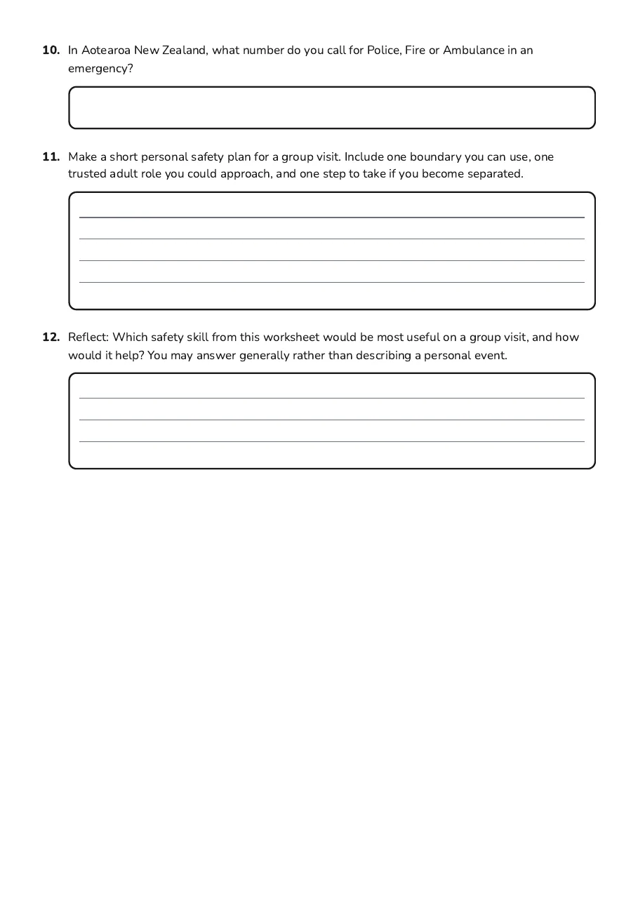 Personal Safety Self-Reflection, page 3 of 3: 10. In Aotearoa New Zealand, what number do you call for Police, Fire or Ambulance in an