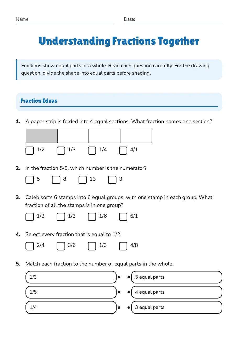 Understanding Fractions Together, page 1 of 3: Fraction Ideas