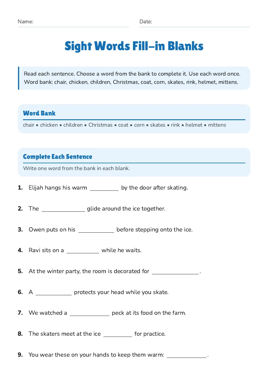 Sight Words Fill-in Blanks, page 1 of 2: Word Bank, Complete Each Sentence